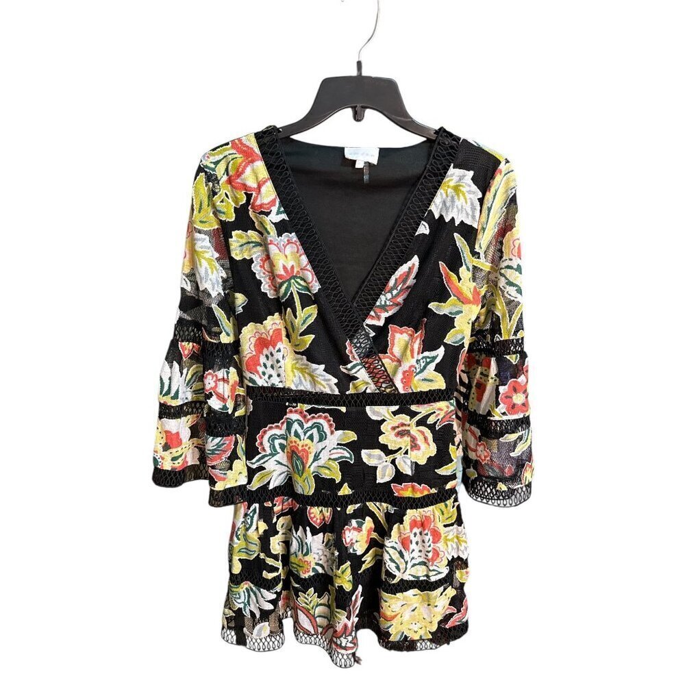 Entro Embroidered V Neck Long Sleeve Lace Trim  Floral Mini Dress Size S EUC
